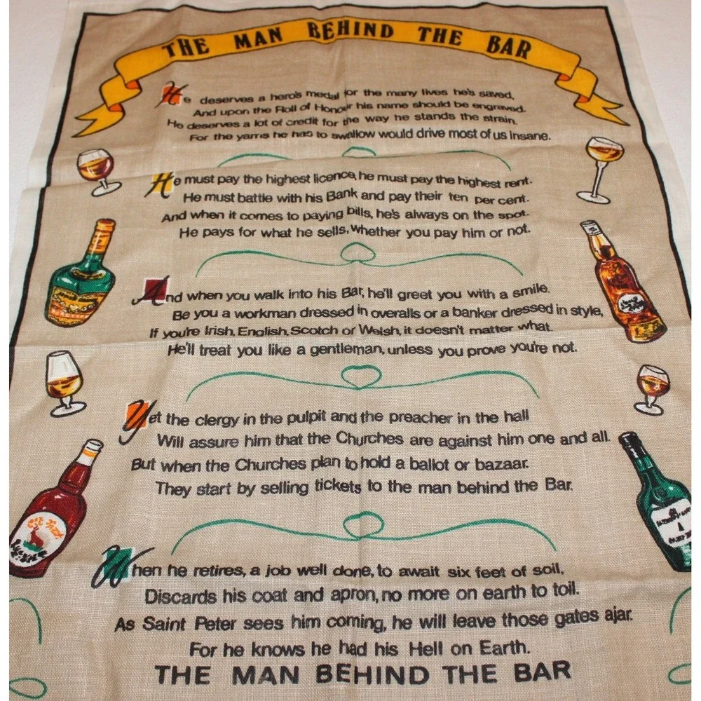 vintage Irish Linen Tea Towel The Man Behind The Bar poem Ireland 29x20